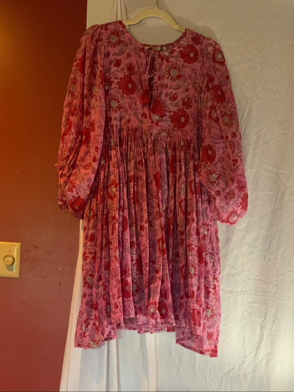 Floral Pink High-Low Boho Dress with Tassel Tie